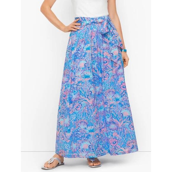 Talbots Cotton Voile Maxi Skirt Flowing Floral Blue Pink Tropical Pockets Tie 10 - Picture 1 of 5